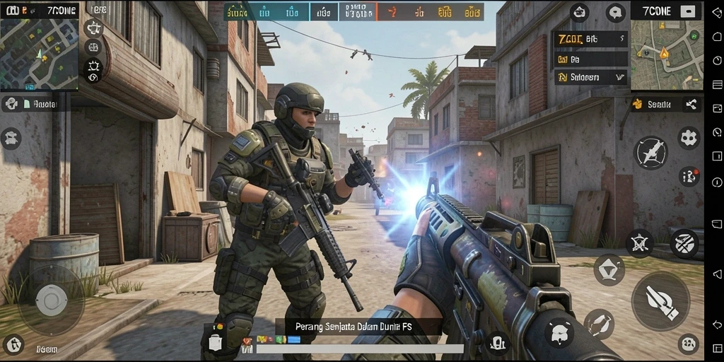 Screenshot gameplay 7CONE menampilkan aksi pertempuran yang intens dan mendebarkan.