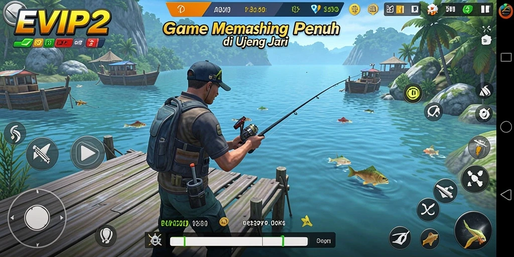 Screenshot gameplay EVIP2 dengan tampilan memukau saat menangkap ikan.